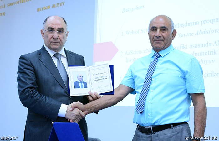 Institute of Information Technology  of ANAS. Head of Department of the Institute Sayar Abdullayev was awarded with the Honorary Diploma of the Institute on the occasion of the his70th anniversary