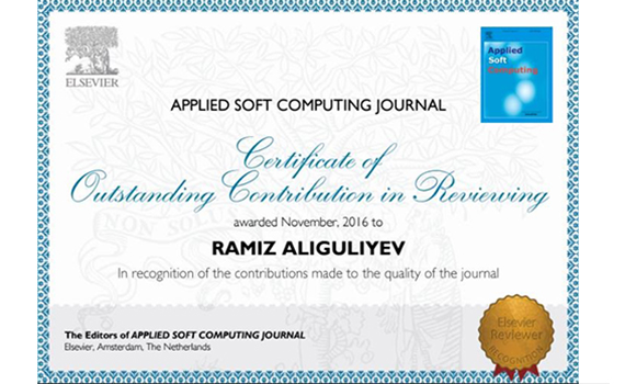 Professor Ramiz Alguliyev awarded the certificate "Outstanding Contribution in Research"