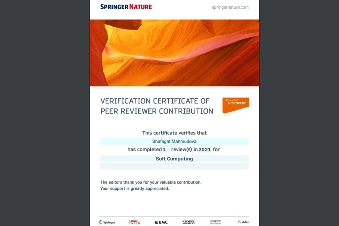 Nüfuzlu “Soft Computing” jurnalı institut əməkdaşını sertifikatla təltif edib, Elm və Təhsil Nazirliyi, Elm ve Tehsil Nazirliyi, Azərbaycan Respublikası Elm və Təhsil Nazirliyi, Azerbaycan Respublikasi Elm ve Tehsil Nazirliyi, Elm və Ali Təhsil üzrə Dövlət Agentliyi, Elm və Ali Təhsil, AMEA, Azərbaycan Milli Elmlər Akademiyası, Elmler Akademiyasi, İnformasiya Texnologiyaları İnstitutu, İnformasiya Texnologiyaları, AMEA ITI, AMEA İTİ, İTİ, ITI, ikt.az, ict.az, ict, ikt, www.ict.az, www.ikt.az, Rasim Aliguliyev, Rasim Əliquliyev, RM Əliquliyev, Əliquliyev Rasim, Academician Rasim Aliguliyev