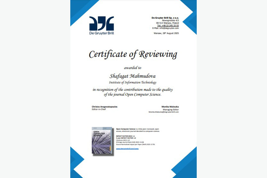 Baş elmi işçi Şəfəqət Mahmudova nüfuzlu beynəlxalq jurnalın rəyçi sertifikatına layiq görülüb, Elm və Təhsil Nazirliyi, Elm ve Tehsil Nazirliyi, Azərbaycan Respublikası Elm və Təhsil Nazirliyi, Azerbaycan Respublikasi Elm ve Tehsil Nazirliyi, Elm və Ali Təhsil üzrə Dövlət Agentliyi, Elm və Ali Təhsil, AMEA, Azərbaycan Milli Elmlər Akademiyası, Elmler Akademiyasi, İnformasiya Texnologiyaları İnstitutu, İnformasiya Texnologiyaları, AMEA ITI, AMEA İTİ, İTİ, ITI, ikt.az, ict.az, ict, ikt, www.ict.az, www.ikt.az, Rasim Aliguliyev, Rasim Əliquliyev, RM Əliquliyev, Əliquliyev Rasim, Academician Rasim Aliguliyev