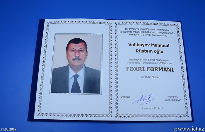 ,Assistant Director of the Institute Mahmud Valibayov awarded Honorary Certificate