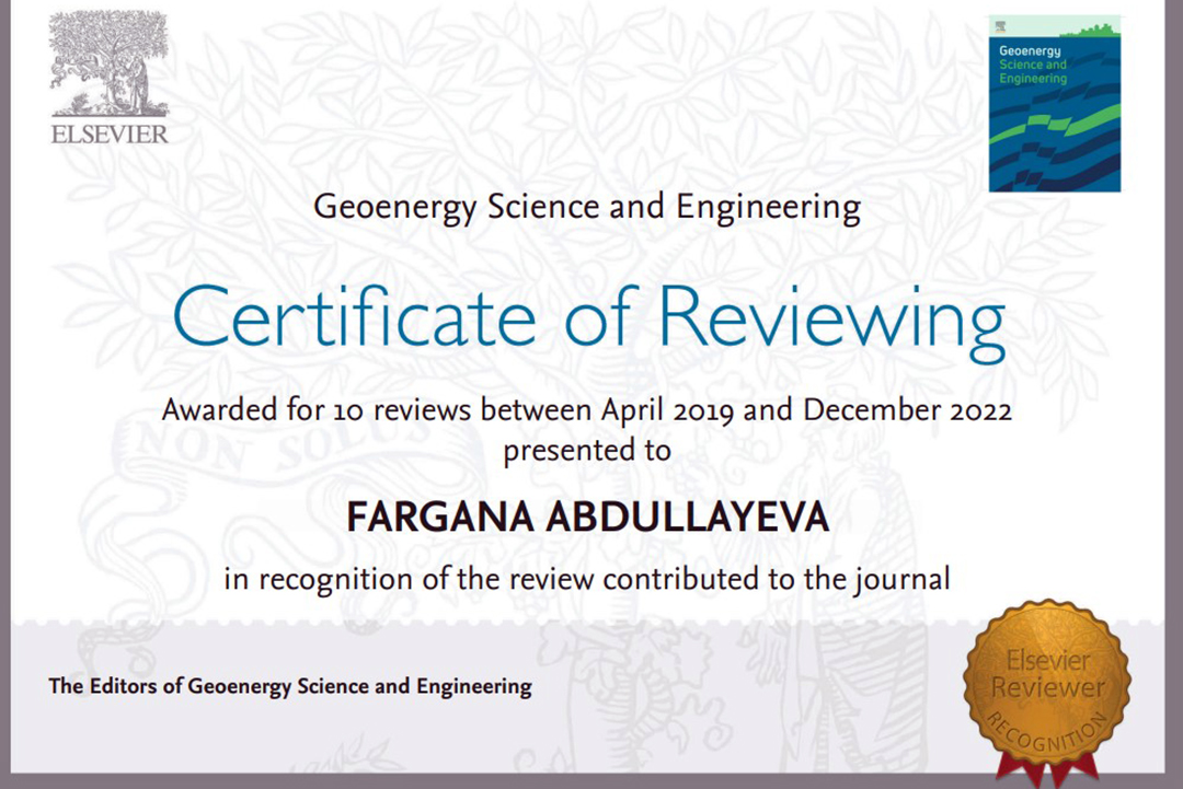 İnstitutun aparıcı elmi işçisi  “Elsevier” nəşriyyatı tərəfindən sertifikata layiq görülüb