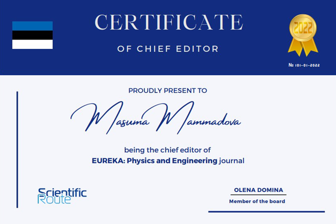AMEA-nın müxbir üzvü Məsumə Məmmədova baş redaktoru olduğu beynəlxalq jurnalın və konfransın sertifikatına layiq görülüb